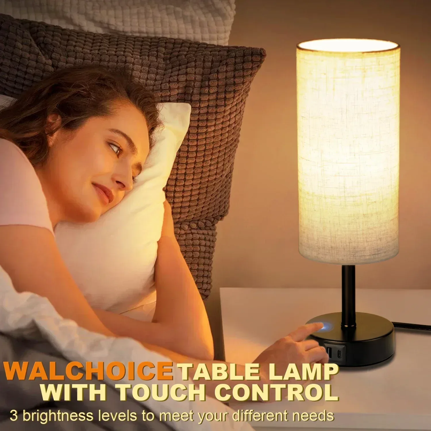 Walchoice Table Lamp Set of 2, Touch Control Desk Reading Lamp with USB A+C Charging Ports, 3-Way Dimmable Nightstand Lamps for Bedroom/ Living Room, Round Flaxen Shade - Image 4