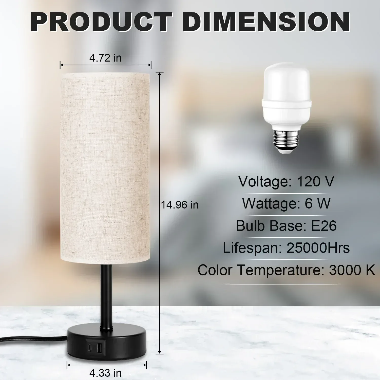 Walchoice Table Lamp Set of 2, Touch Control Desk Reading Lamp with USB A+C Charging Ports, 3-Way Dimmable Nightstand Lamps for Bedroom/ Living Room, Round Flaxen Shade - Image 5