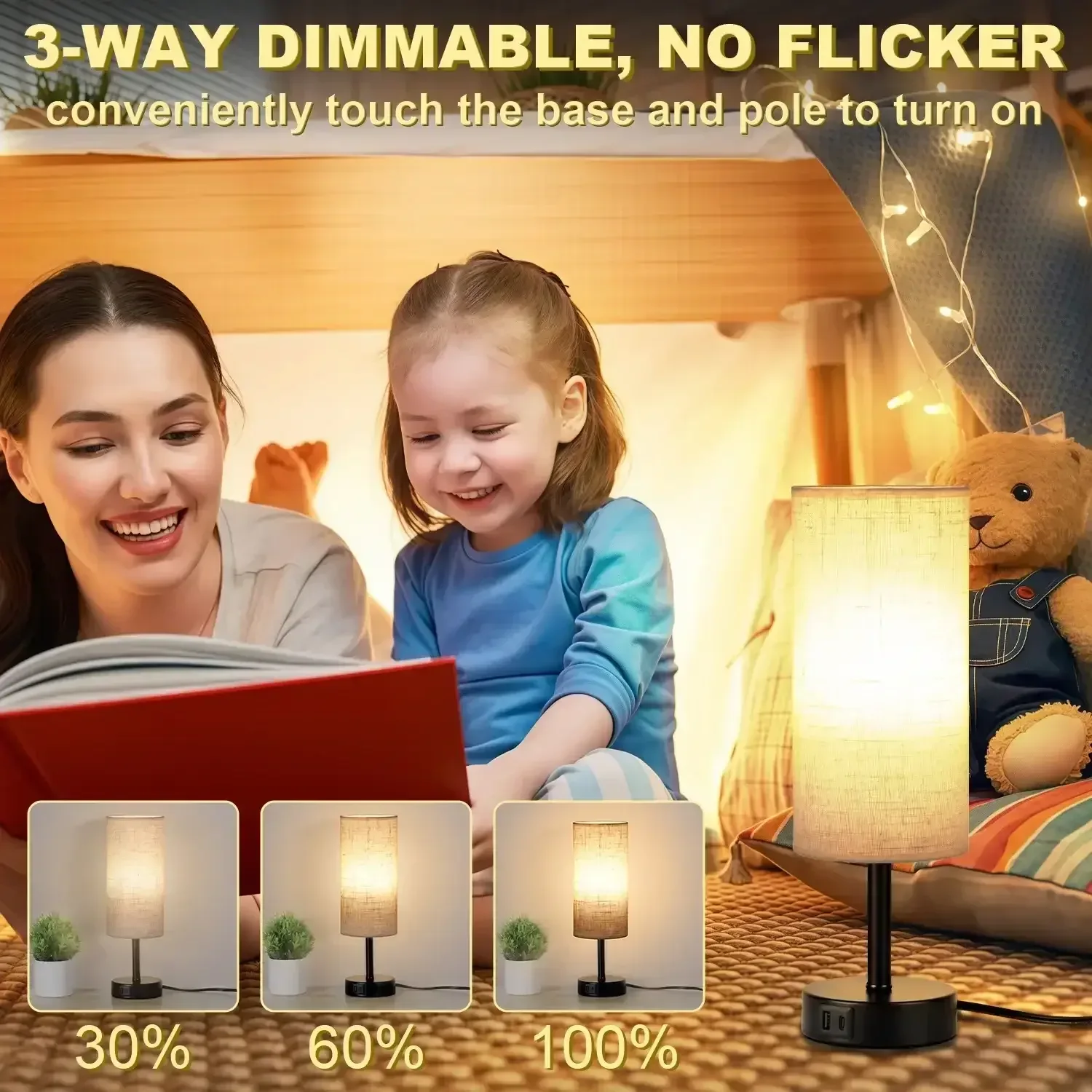 Walchoice Table Lamp Set of 2, Touch Control Desk Reading Lamp with USB A+C Charging Ports, 3-Way Dimmable Nightstand Lamps for Bedroom/ Living Room, Round Flaxen Shade - Image 6