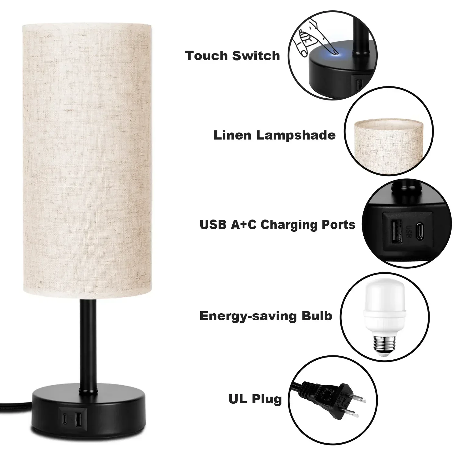 Walchoice Table Lamp Set of 2, Touch Control Desk Reading Lamp with USB A+C Charging Ports, 3-Way Dimmable Nightstand Lamps for Bedroom/ Living Room, Round Flaxen Shade - Image 7
