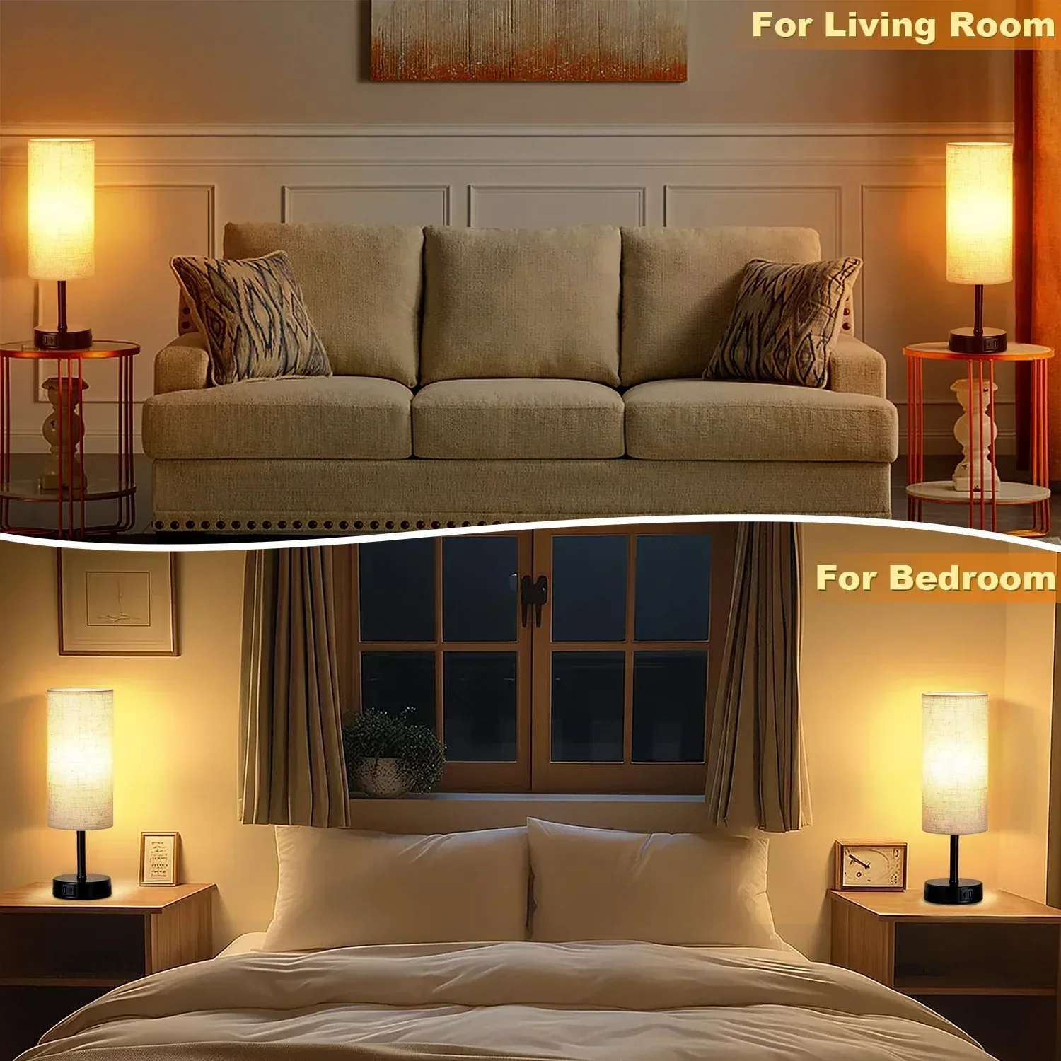 Walchoice Table Lamp Set of 2, Touch Control Desk Reading Lamp with USB A+C Charging Ports, 3-Way Dimmable Nightstand Lamps for Bedroom/ Living Room, Round Flaxen Shade - Image 8