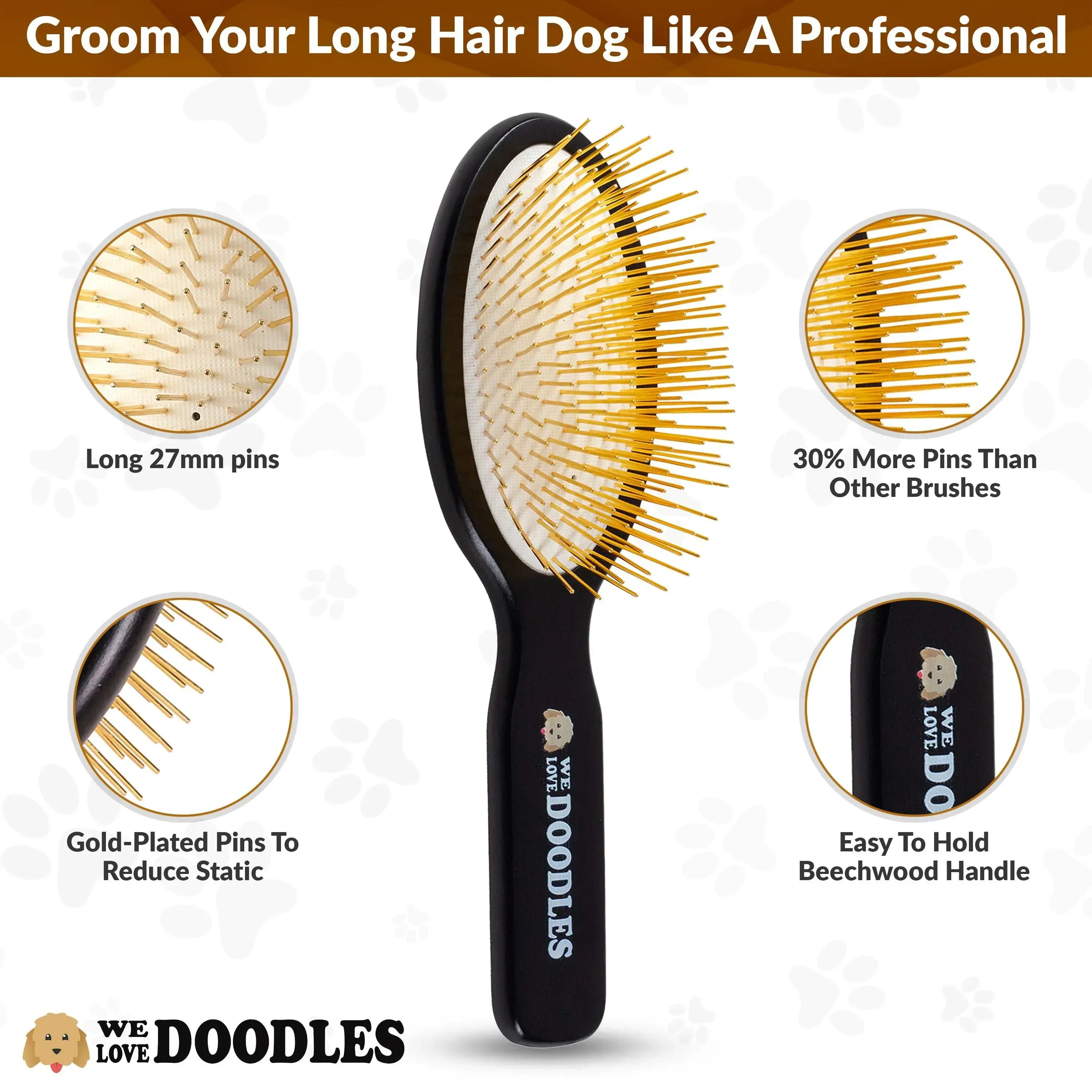 We Love Doodles Pin Brush For Dogs, Pet Grooming Detangler Pin Dog Brush, Dog Brush For Shedding & Loose Fur, Gold Pins Long Haired Pets - Image 4