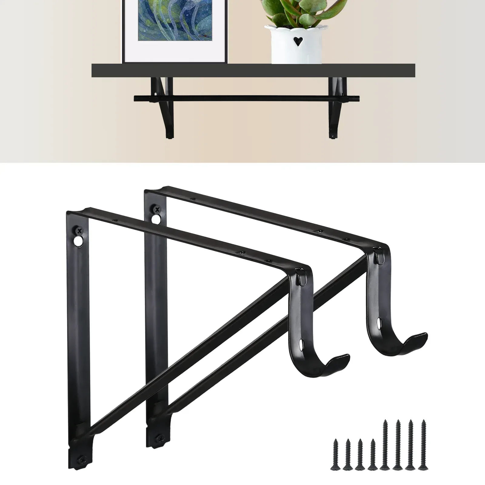 WellMade 11 x 9.5 in Wall Mounted Closet Rod Brackets 2 Pack, Steel Shelves Support with Rod Shelving Support, Black with Screws - Image 5