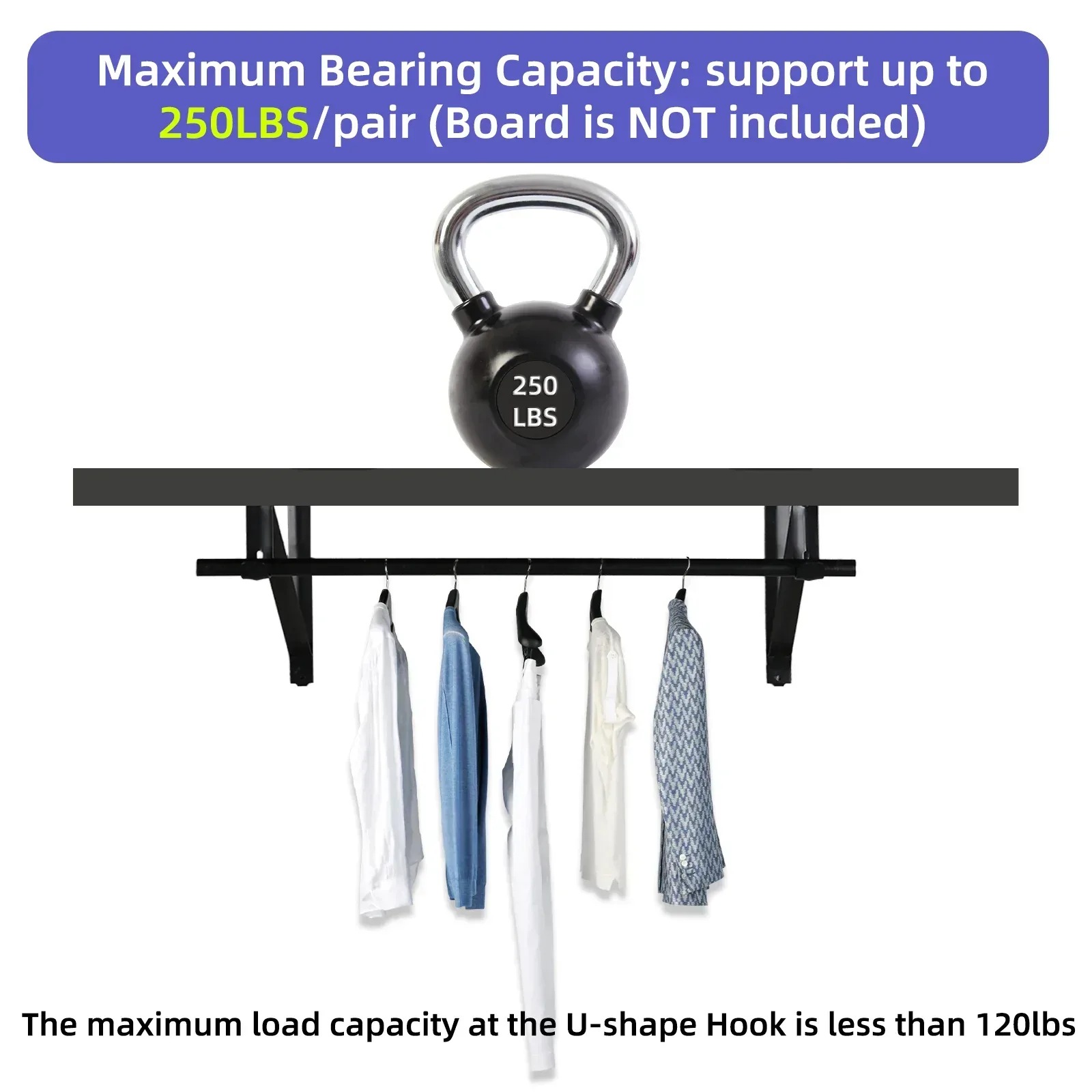 WellMade 11 x 9.5 in Wall Mounted Closet Rod Brackets 2 Pack, Steel Shelves Support with Rod Shelving Support, Black with Screws - Image 7