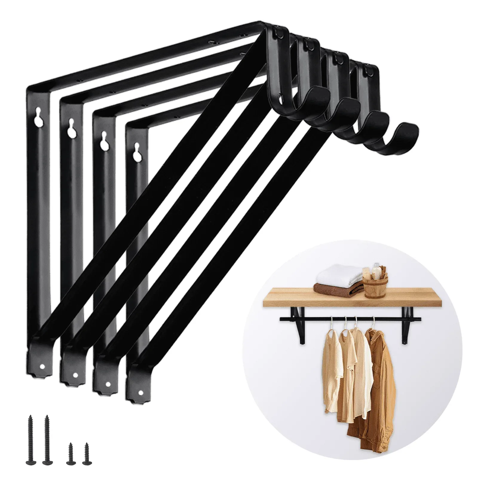 WellMade 11 x 9.5 in Wall Mounted Closet Rod Brackets 2 Pack, Steel Shelves Support with Rod Shelving Support, Black with Screws - Image 8