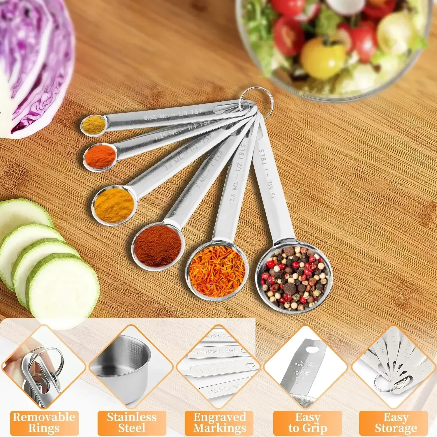 WEPSEN 18-Piece Stainless Steel Measuring Cups and Spoons Set,5 Stainless Steel Nesting Measuring Cups & 6 Spoons,1 Leveler & 5Mini Measuring Spoons,1Tbsp Coffee Scoop with Clip for Cooking & Baking - Image 4