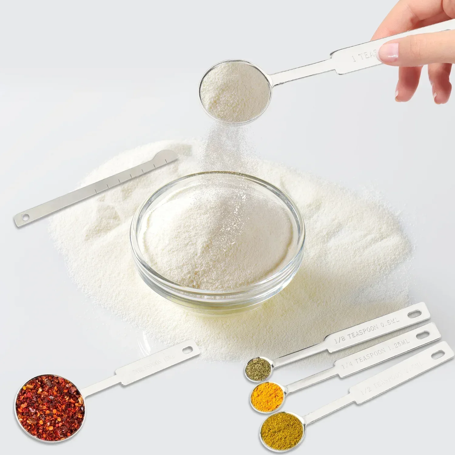 WEPSEN 18-Piece Stainless Steel Measuring Cups and Spoons Set,5 Stainless Steel Nesting Measuring Cups & 6 Spoons,1 Leveler & 5Mini Measuring Spoons,1Tbsp Coffee Scoop with Clip for Cooking & Baking - Image 8