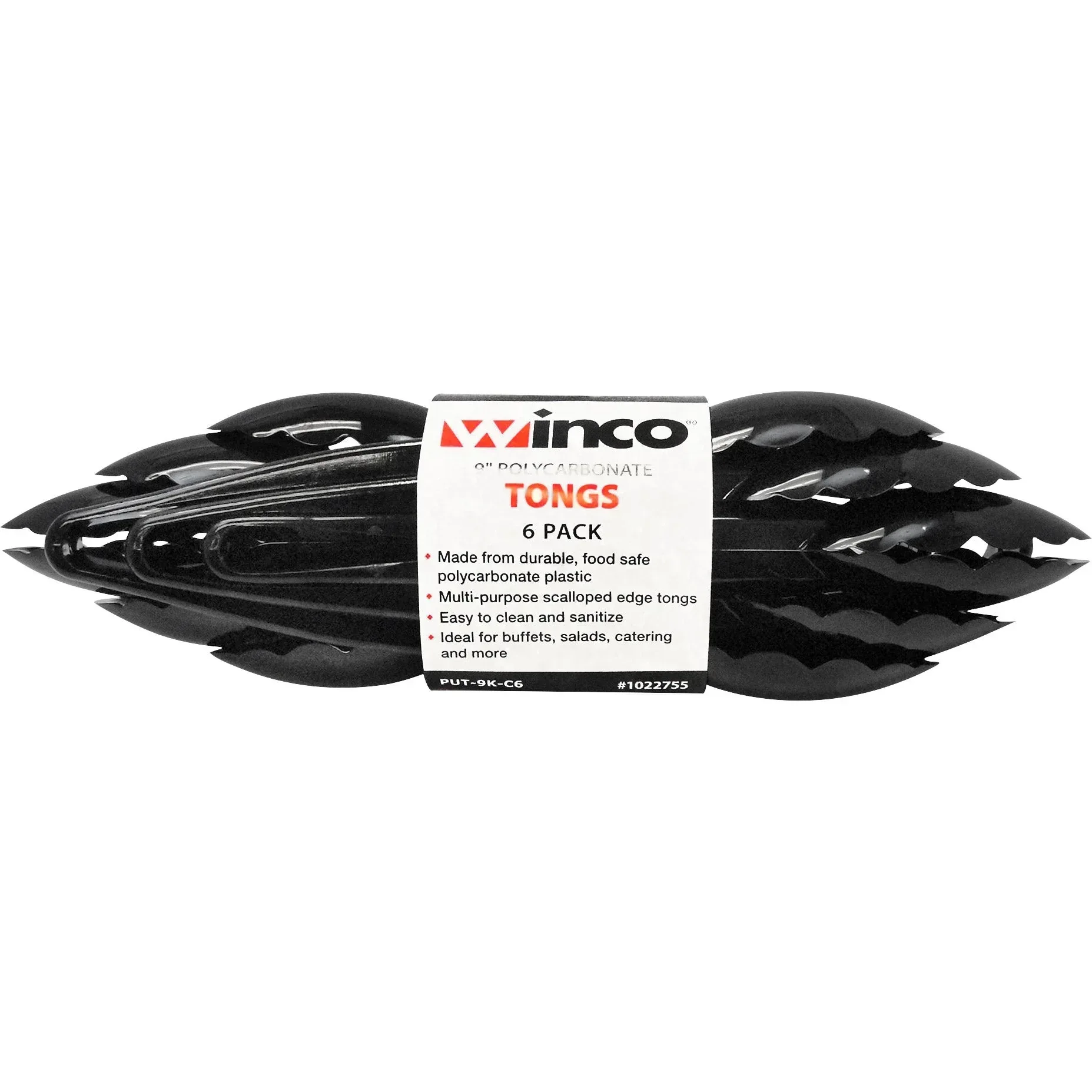 Winco 9" Plastic Tongs, Black, 6-count - Image 2