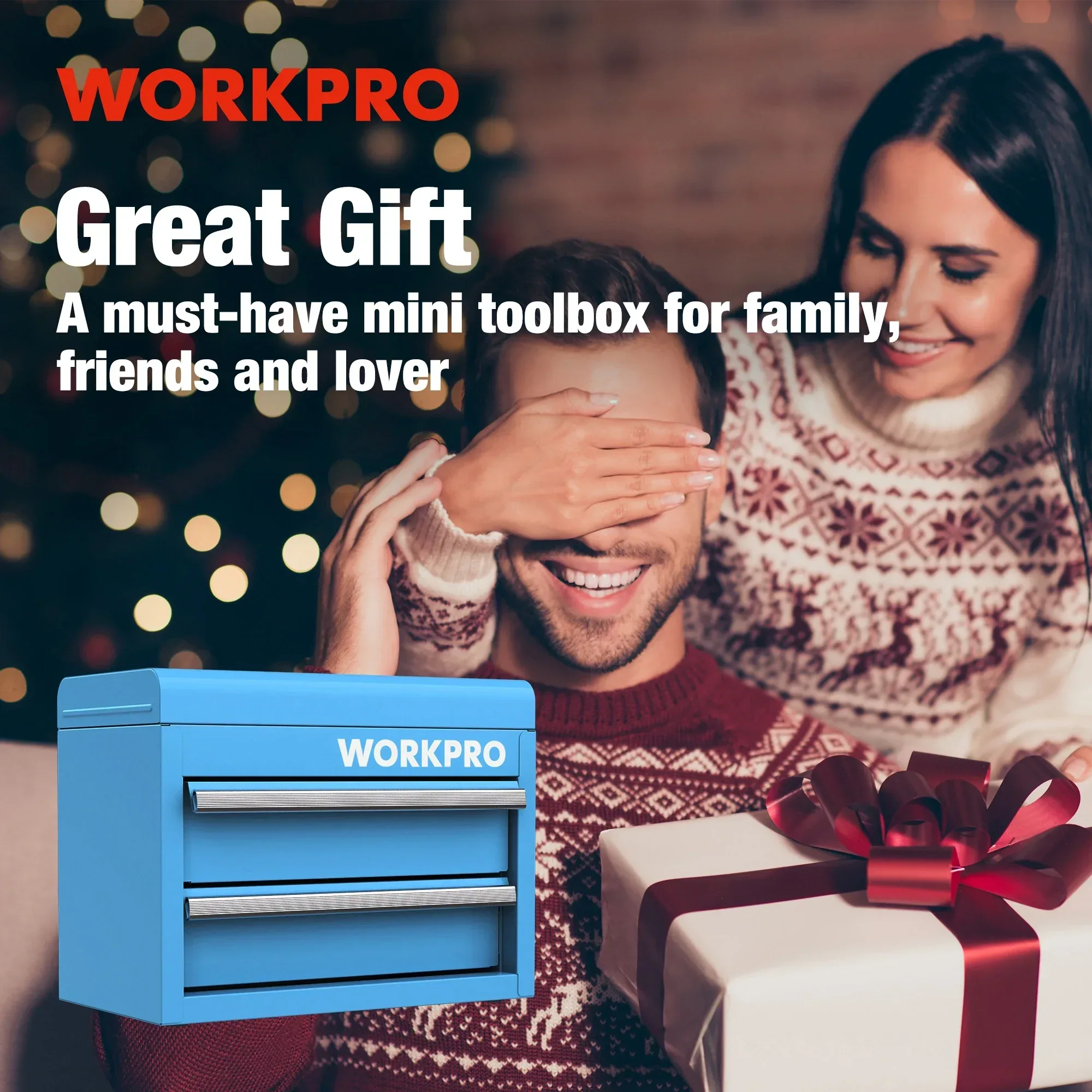 WORKPRO Mini Metal Tool Box with 2 Drawers and Top Storage, Small Tool Chest with PVC Liners and PP Feet Pads, Cold Rolled Steel Toolbox with Magnetic Tab, Blue - Image 2