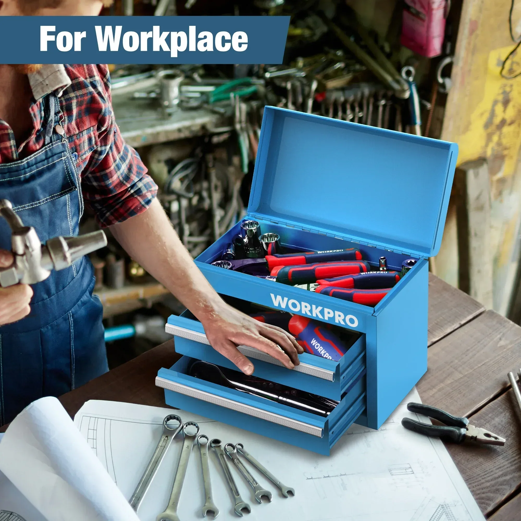WORKPRO Mini Metal Tool Box with 2 Drawers and Top Storage, Small Tool Chest with PVC Liners and PP Feet Pads, Cold Rolled Steel Toolbox with Magnetic Tab, Blue - Image 3