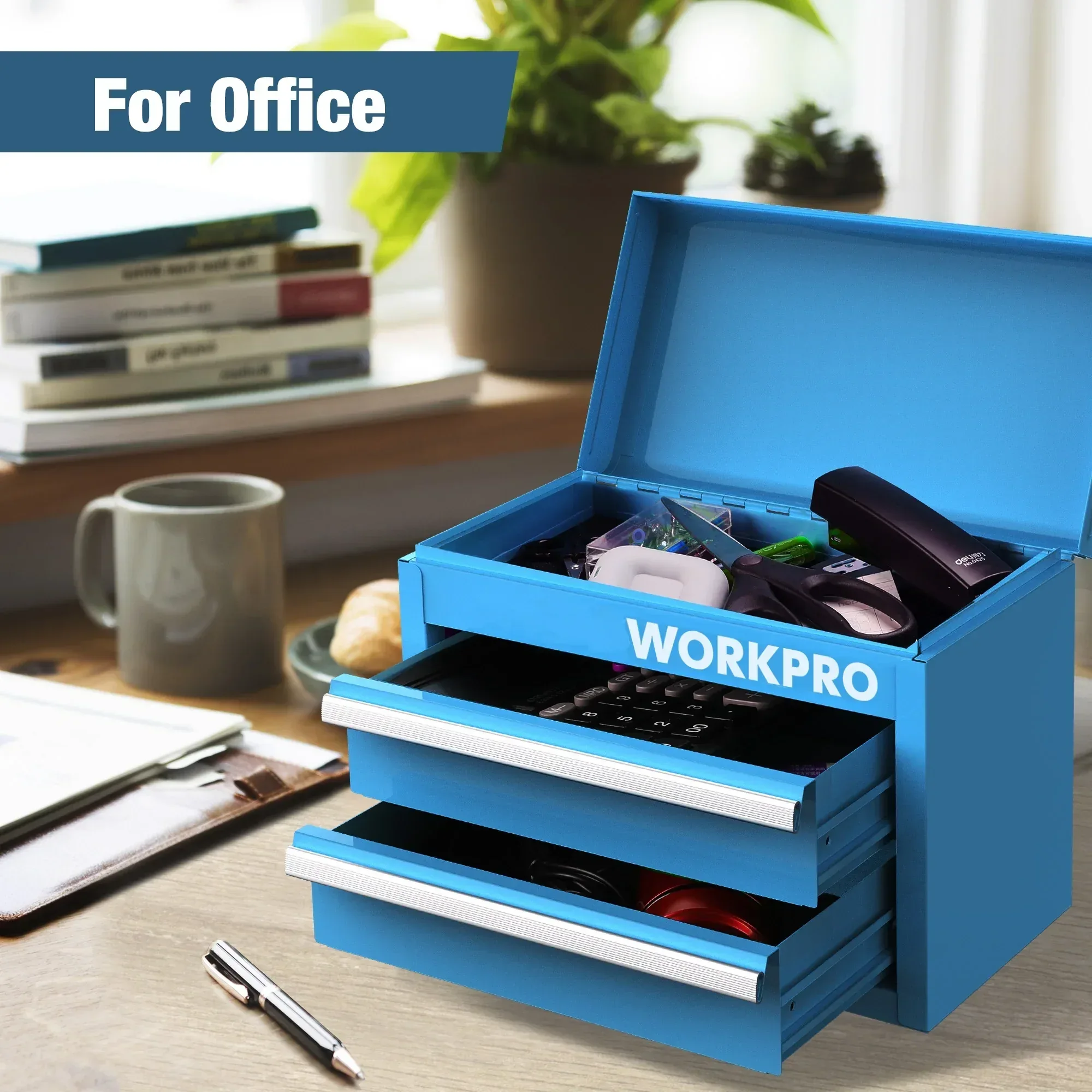 WORKPRO Mini Metal Tool Box with 2 Drawers and Top Storage, Small Tool Chest with PVC Liners and PP Feet Pads, Cold Rolled Steel Toolbox with Magnetic Tab, Blue - Image 4