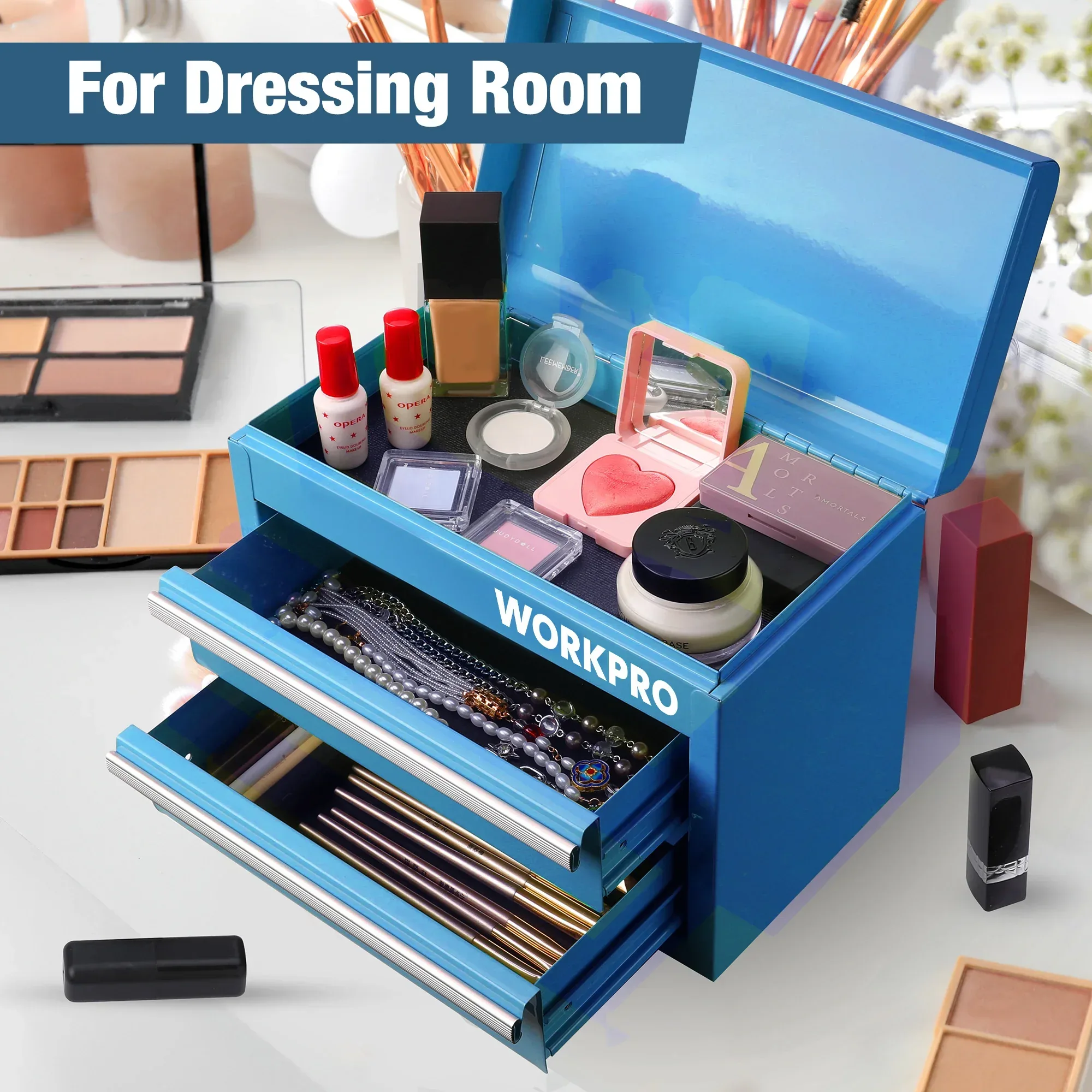 WORKPRO Mini Metal Tool Box with 2 Drawers and Top Storage, Small Tool Chest with PVC Liners and PP Feet Pads, Cold Rolled Steel Toolbox with Magnetic Tab, Blue - Image 5