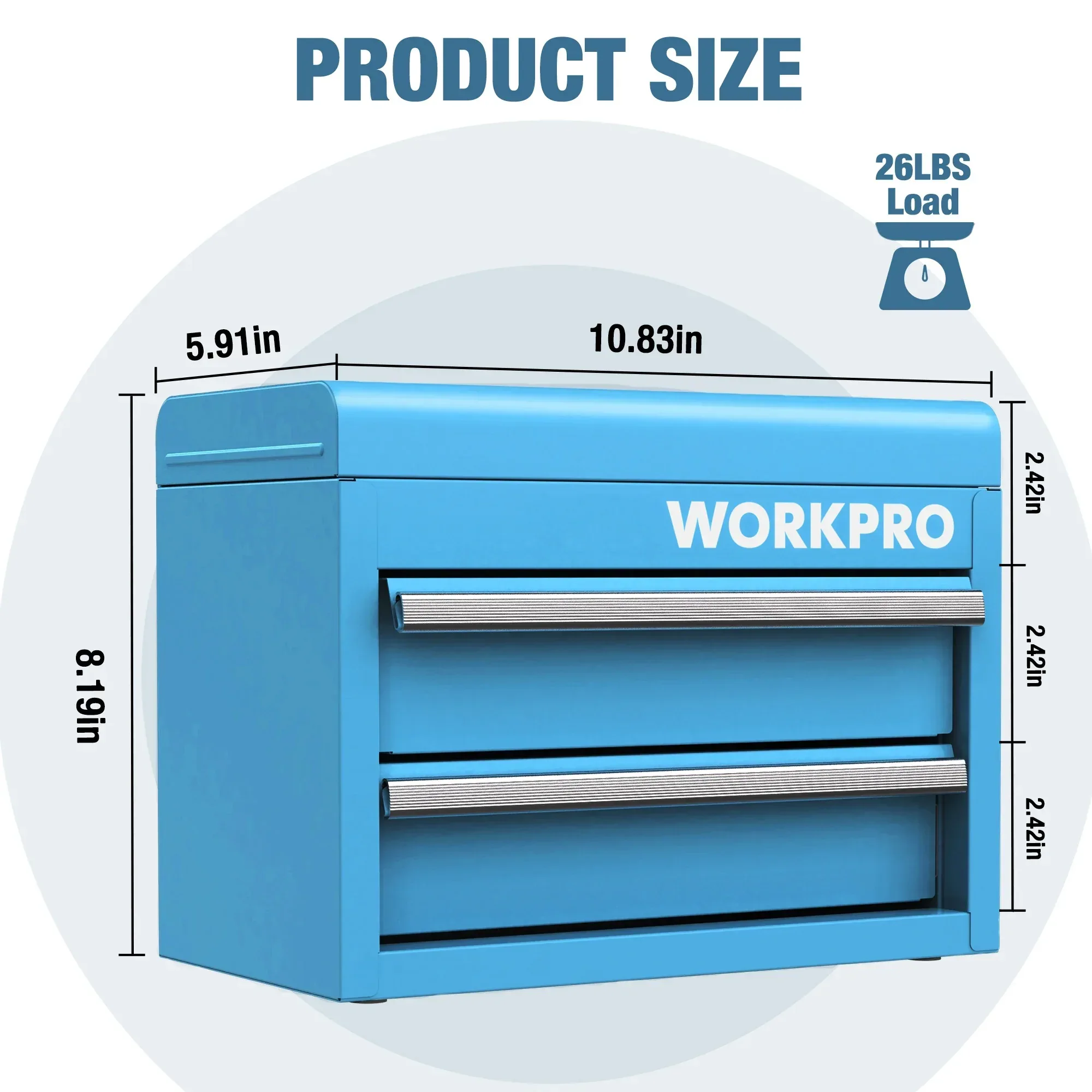 WORKPRO Mini Metal Tool Box with 2 Drawers and Top Storage, Small Tool Chest with PVC Liners and PP Feet Pads, Cold Rolled Steel Toolbox with Magnetic Tab, Blue - Image 6