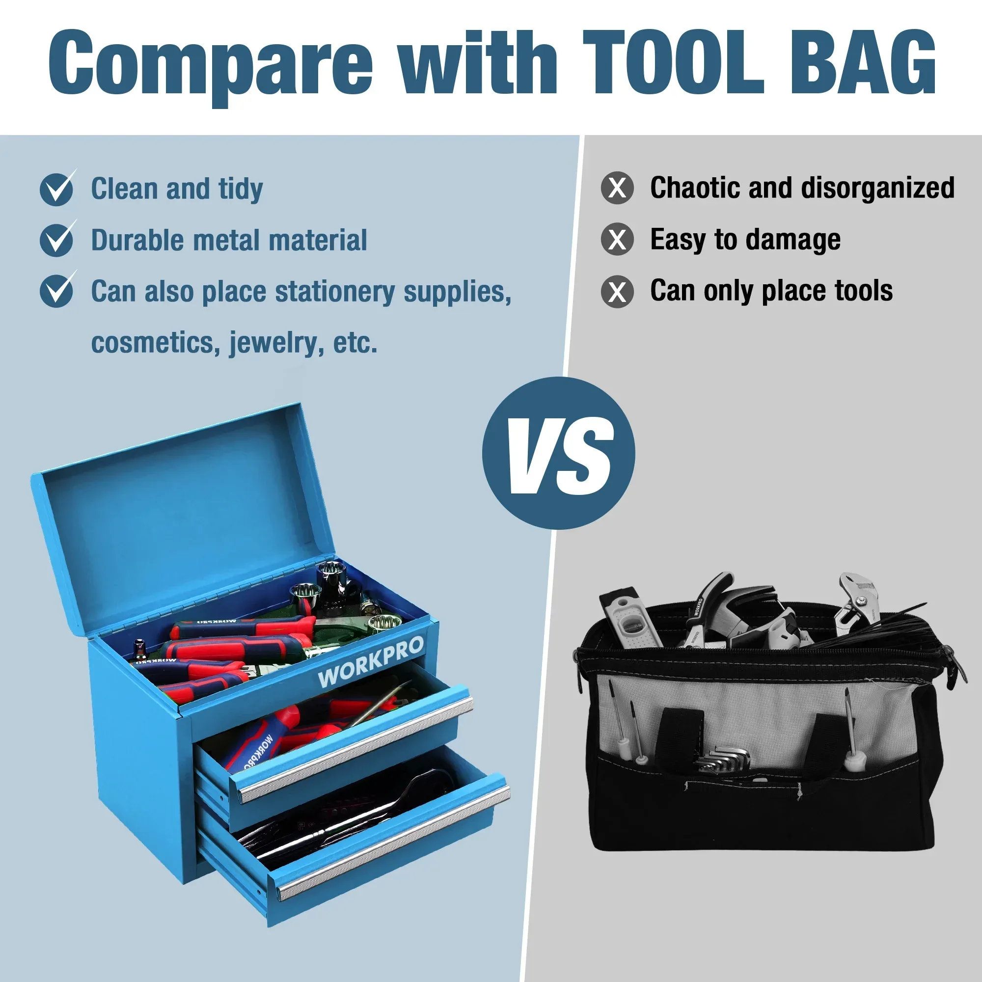 WORKPRO Mini Metal Tool Box with 2 Drawers and Top Storage, Small Tool Chest with PVC Liners and PP Feet Pads, Cold Rolled Steel Toolbox with Magnetic Tab, Blue - Image 7