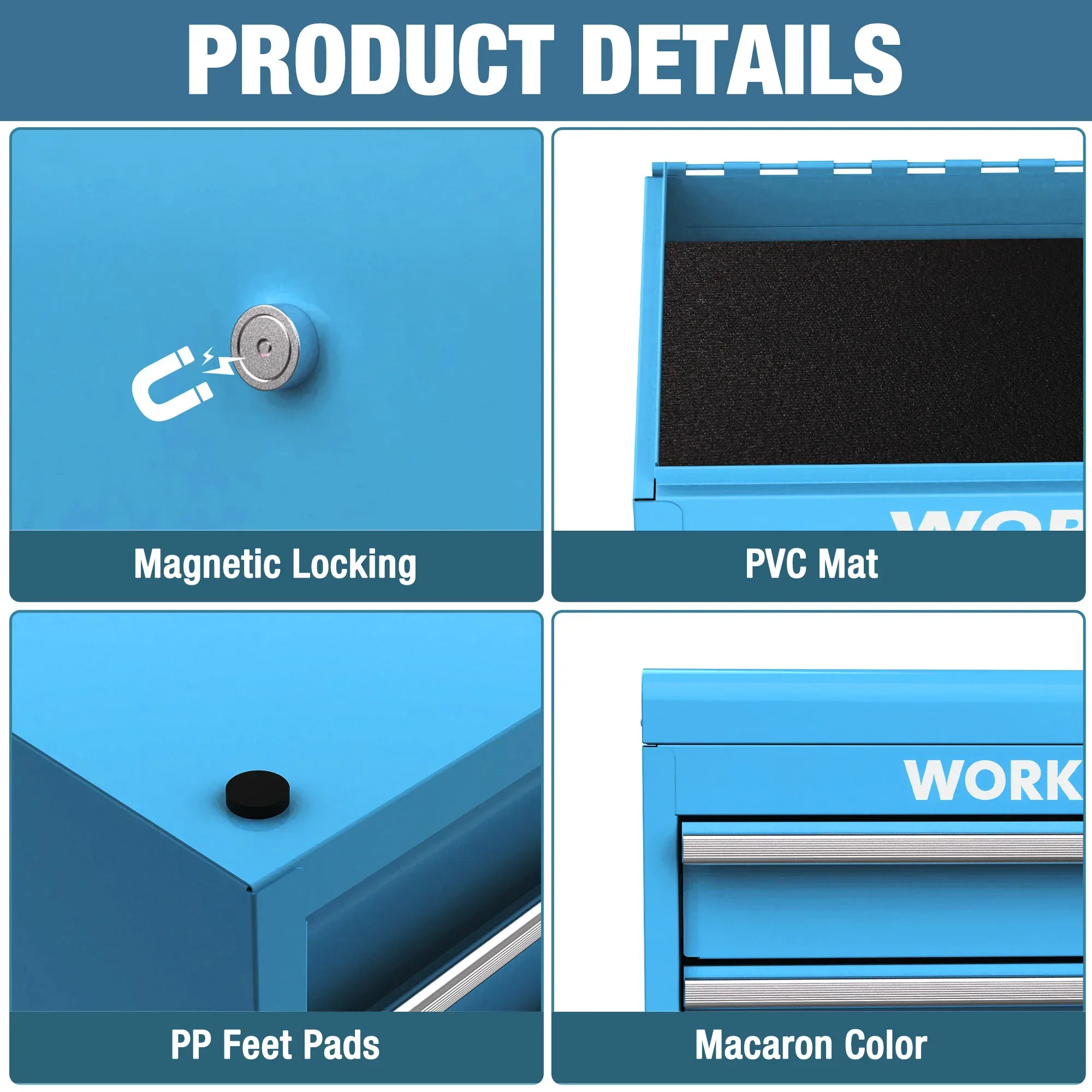 WORKPRO Mini Metal Tool Box with 2 Drawers and Top Storage, Small Tool Chest with PVC Liners and PP Feet Pads, Cold Rolled Steel Toolbox with Magnetic Tab, Blue - Image 8