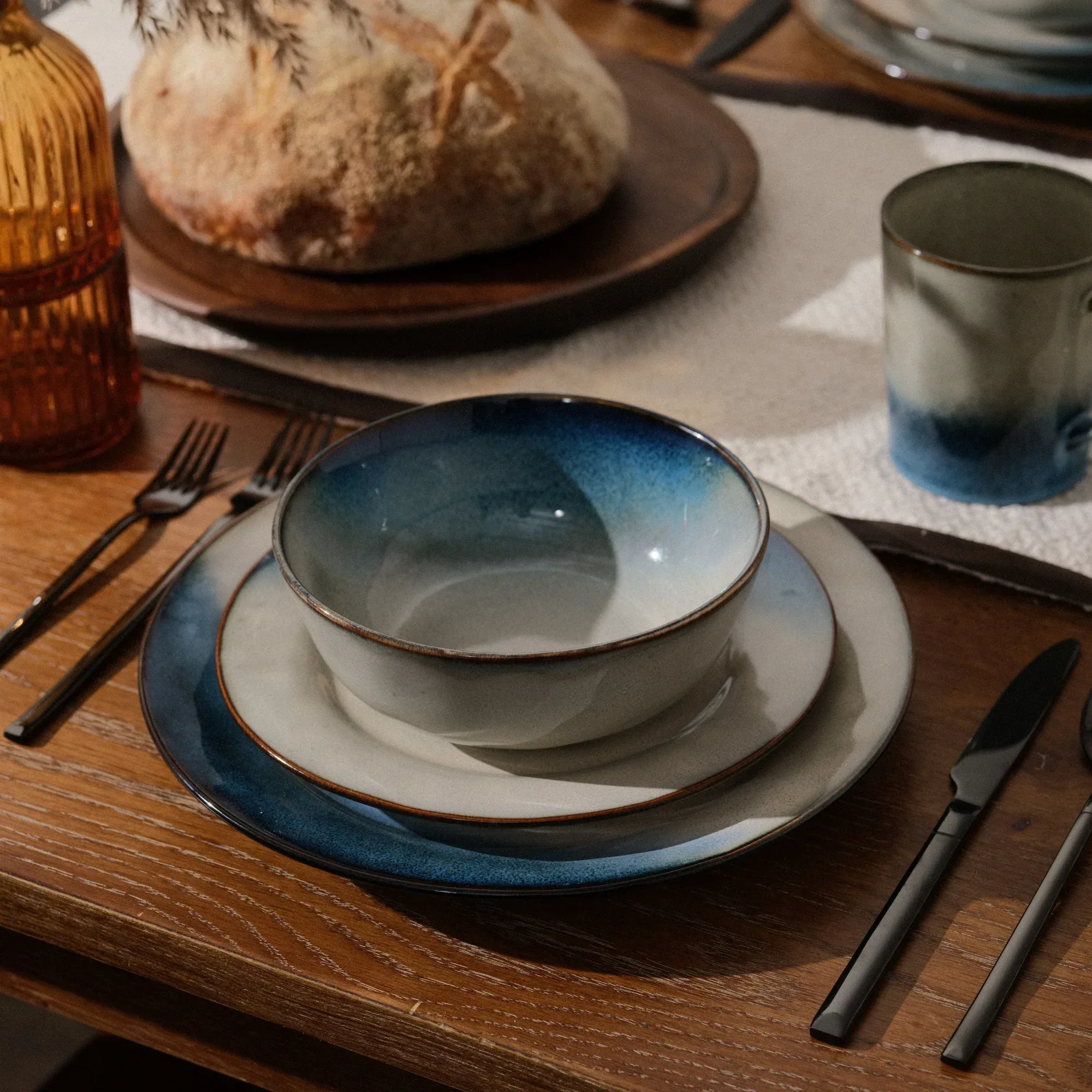 Yellowstone Canto 12-Piece Blue Reactive Ceramic Dinnerware Set - Image 2
