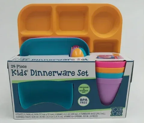 Your Zone 24 Piece Plastic Dinnerware Set for Kids with 4 Each Trays, Bowls, Plates, Cups, Forks in Purple, Pink, Blue, Orange - Image 2