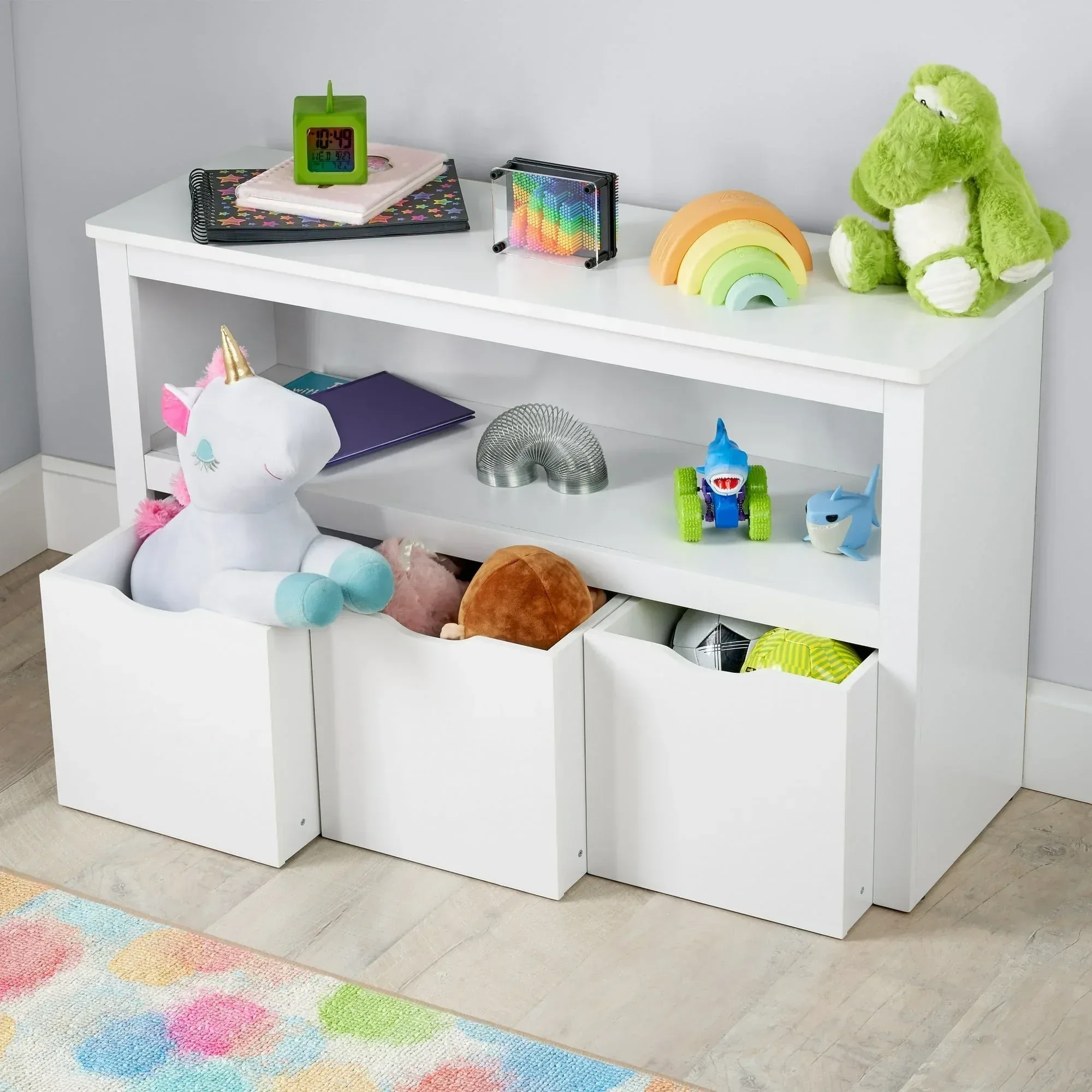 Your Zone Kids Toy Storage Cabinet with Three Rolling Bins, White Finish - Image 2